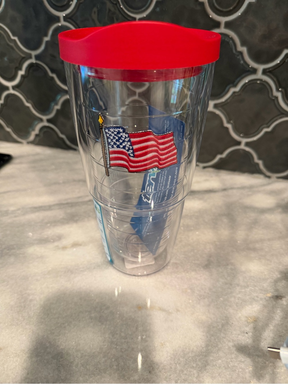 Clear Travel Tumbler with Red Lid and American Flag Design